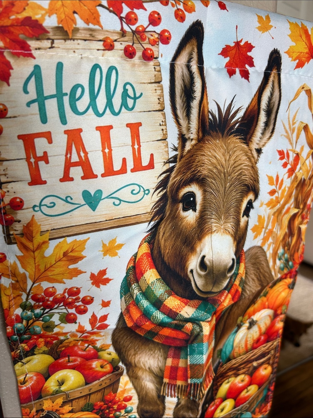 Garden Yard Flag Hello Fall Donkey Tapestry Orange, Teal & Cream Autumn Accent - Picture 4 of 6